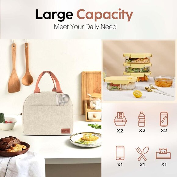 Large Insulated Lunch Bag for Women & Men, Leakproof Reusable Tote (Beige) - Picture 3 of 7